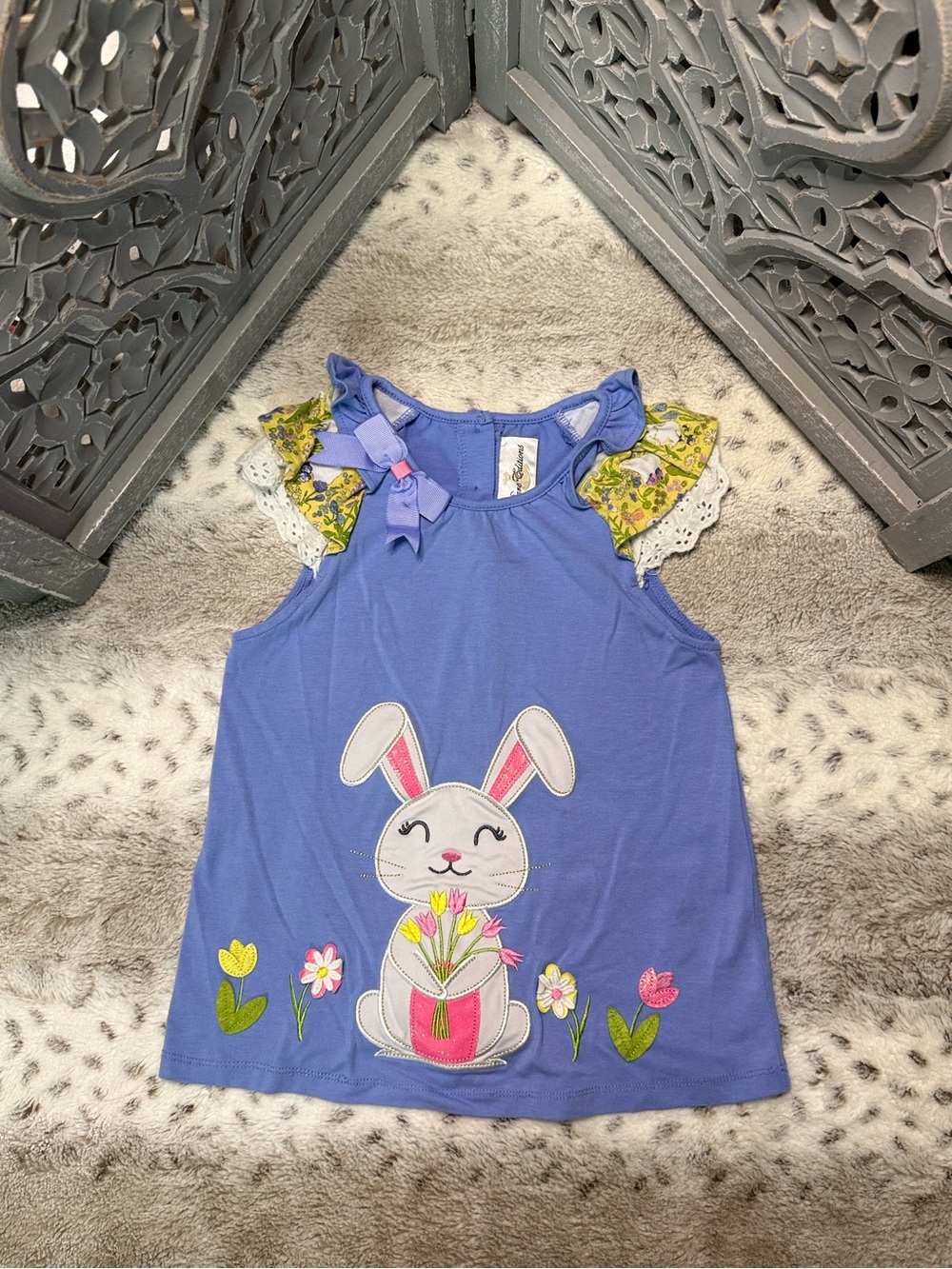 Rare Editions blue ruffle top girls size 6 floral cottagecore Easter spring